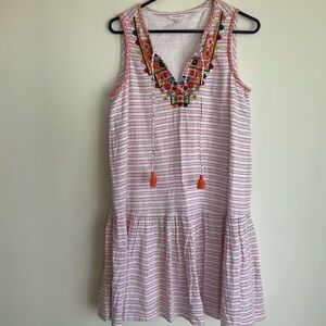 Beach Lunch Lounge Linen Daphine Embroidered Floral Pink Stripe Tassel Dress